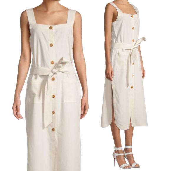 DL1961 Lexia Linen Midi Dress Tie Belted Sleeveless Button Down Cream Womens XS - Picture 2 of 11